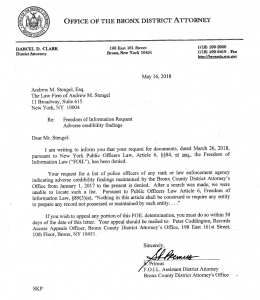 In May 2018, Bronx District Attorney denies that the office maintains a list of police officer adverse credibility.