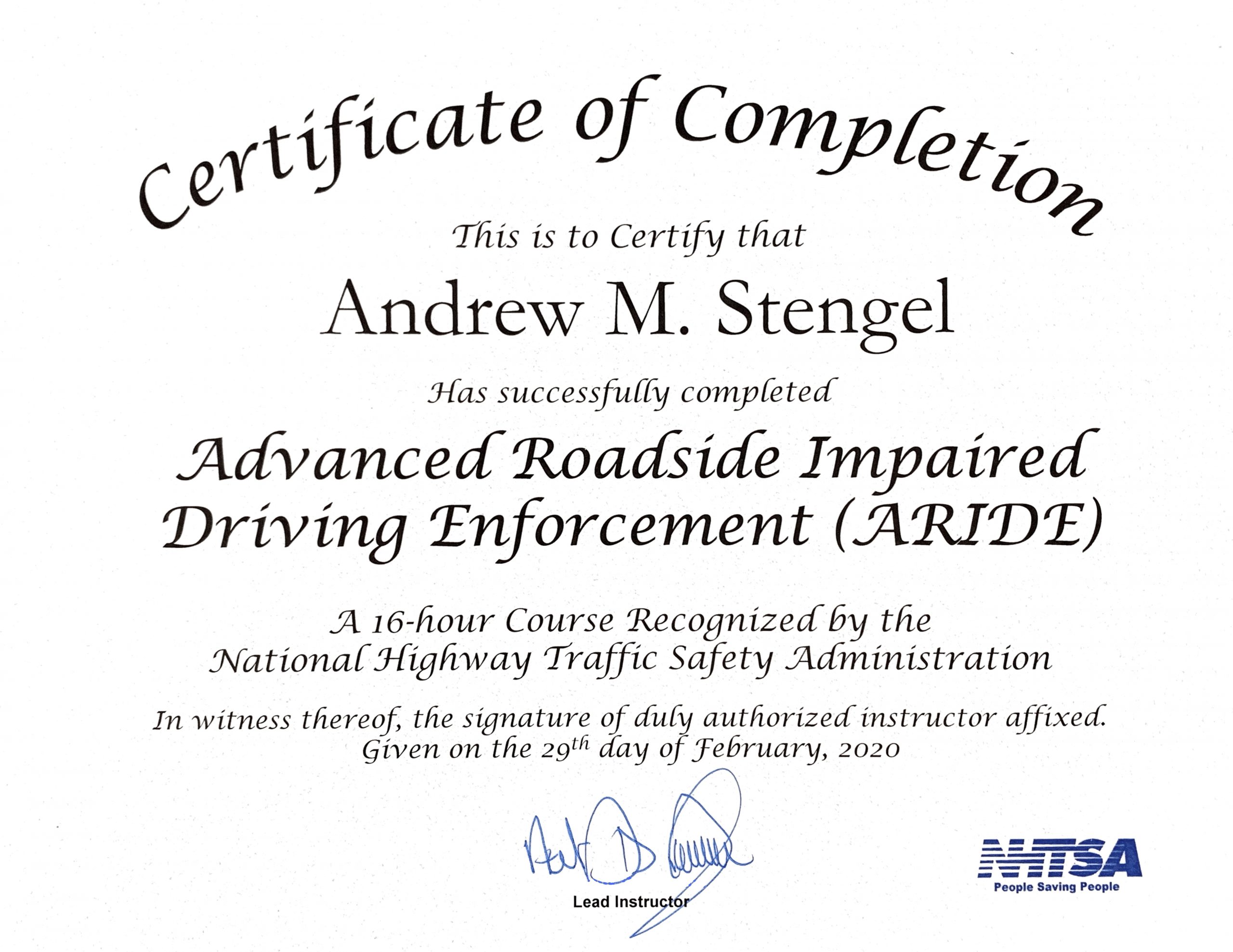 NYC DWI and DWI Drugs Advanced Roadside Impaired Enforcement (ARIDE) Certificate